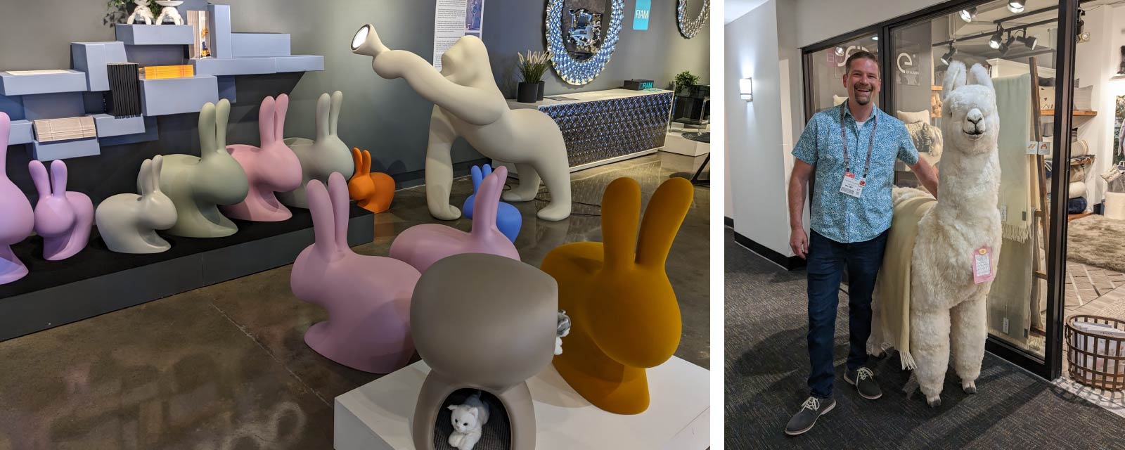 A series of colorful tables shaped like rabbits, a lamp in the shape of a gorilla and a life-sized alpaca stuffed animal