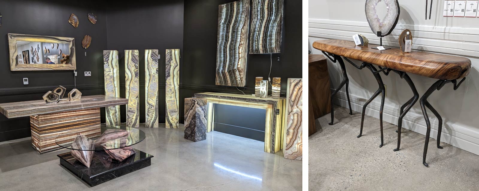 Modern illuminated tables made from onyx and a live edge console table with a sculptural base in the form of four figures, both from Phillips Collection