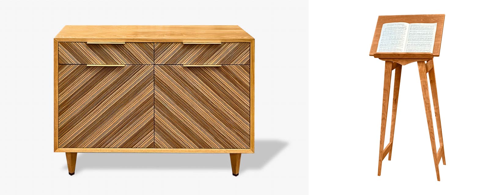 A midcentury sideboard and solid cherry music stand by Paulus Fine Furniture
