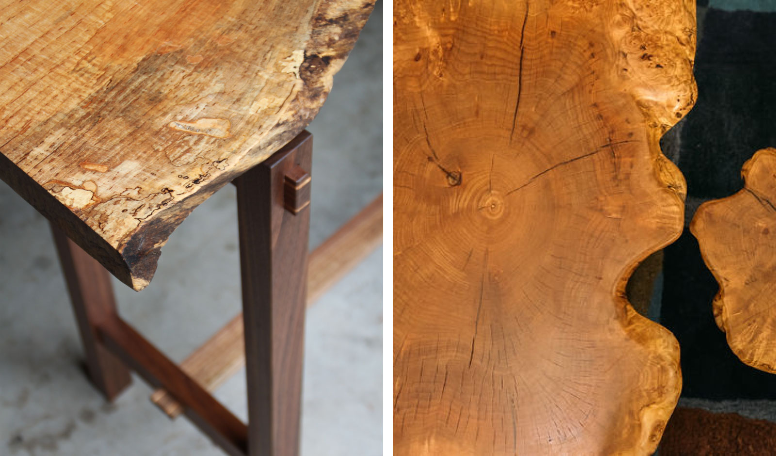 Details from two pieces of live edge furniture, showing knots, pitch pockets and grain variations