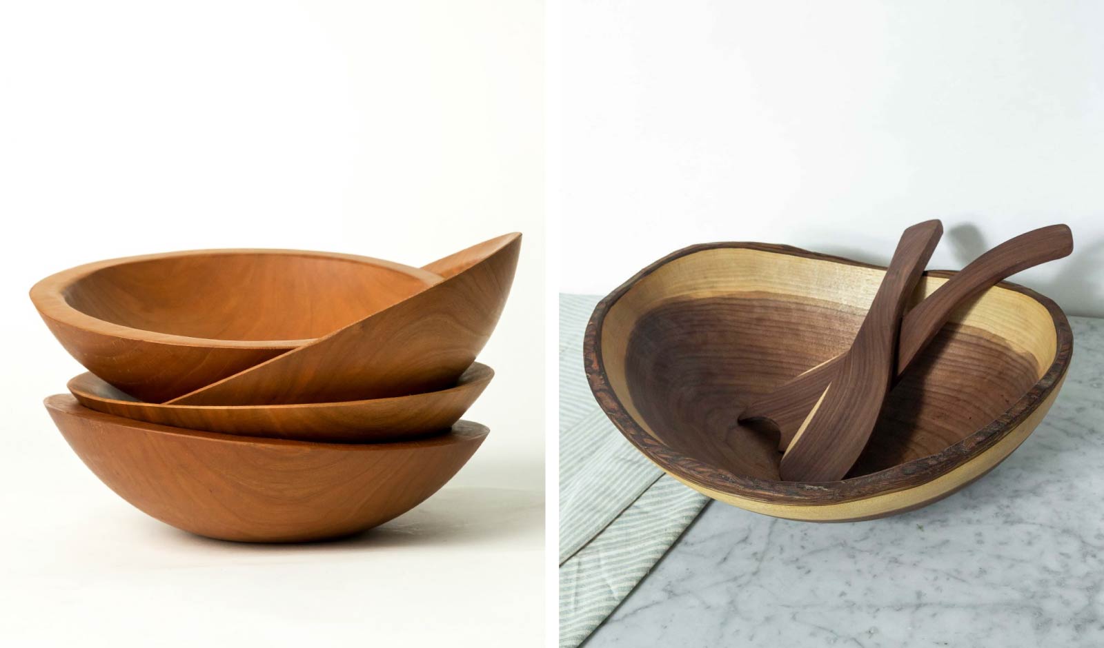A stack of round cherry bowls and a live edge black walnut bowl, made by Spencer Peterman