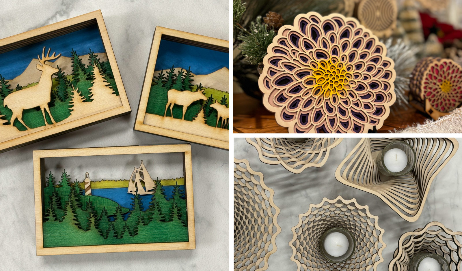 Landscape shadow boxes | Laser cut flower trivet | Laser cut birch votive holders