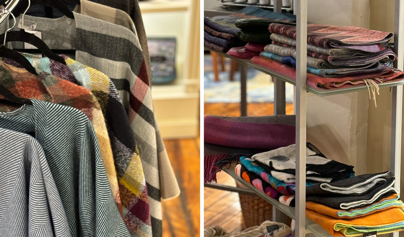 A rack of woven capes in plaid designs | A shelf of scarves in many patterns and colors