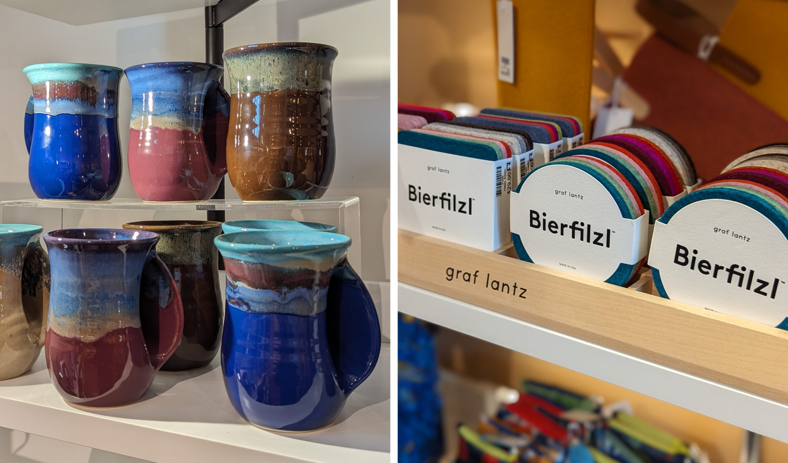 A display of handmade, ceramic mugs in multi-color glazes | An assortment of colorful wool felt coasters